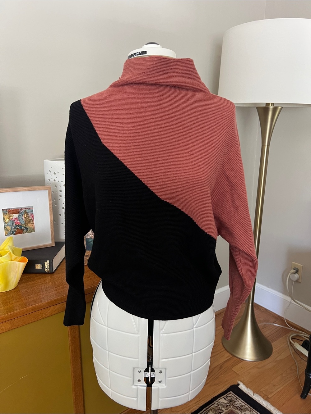 Tahari Black & Dusty Rose Diagonal Mock Neck Sweater
